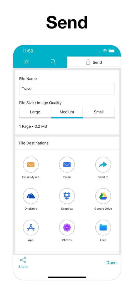 Interface de Scan App Plus montrant la dénomination des fichiers, la sélection de la qualité et diverses options d'exportation cloud comme Google Drive et Dropbox