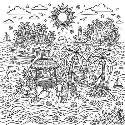 Embark on a creative journey with this vibrant coloring page, tailor-made for teens who love summer and tropical adventures. Discover a bustling island scene filled with fun activities, lush landscapes, and sparkling waters waiting for your artistic touch.