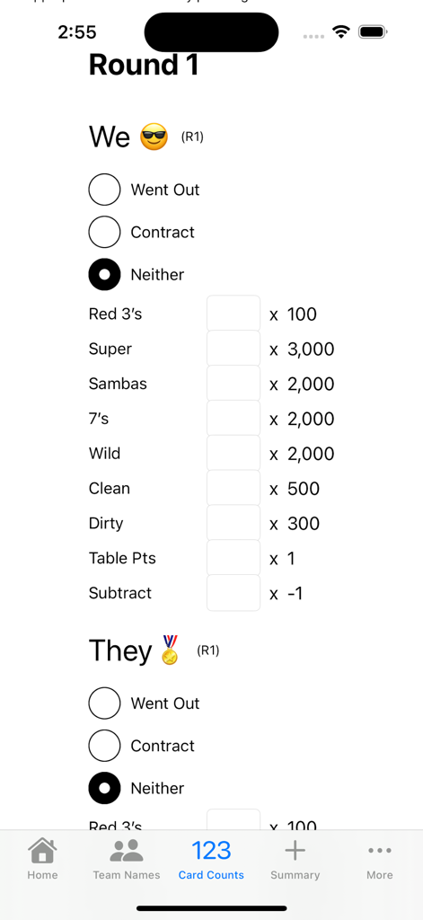 Super Samba Scoring - Hoja de puntuación digital para el juego de cartas Samba que muestra los recuentos de cartas de los equipos y los multiplicadores de puntuación