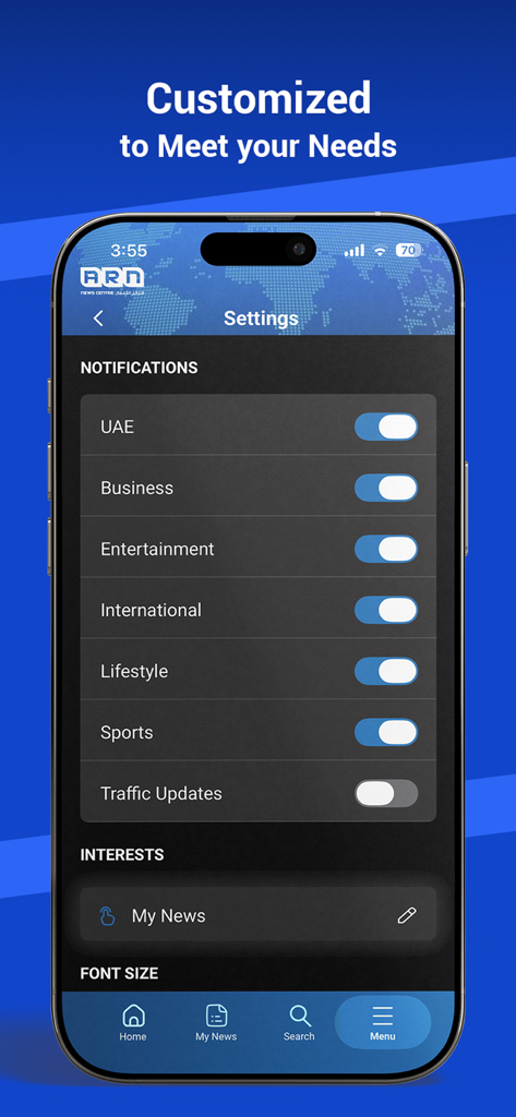 ARN News Centre - A mobile screen from the ARN News Centre app showing notification settings for UAE, Business, Entertainment, and other news categories.