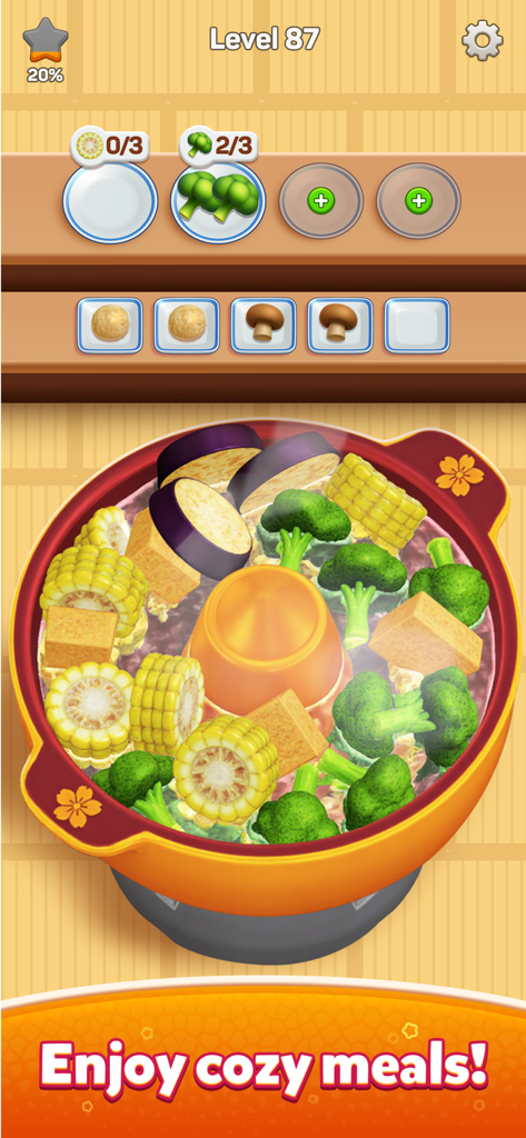 Hot Pot Go gameplay screen showing food sorting mechanics and realistic 3D ingredients.