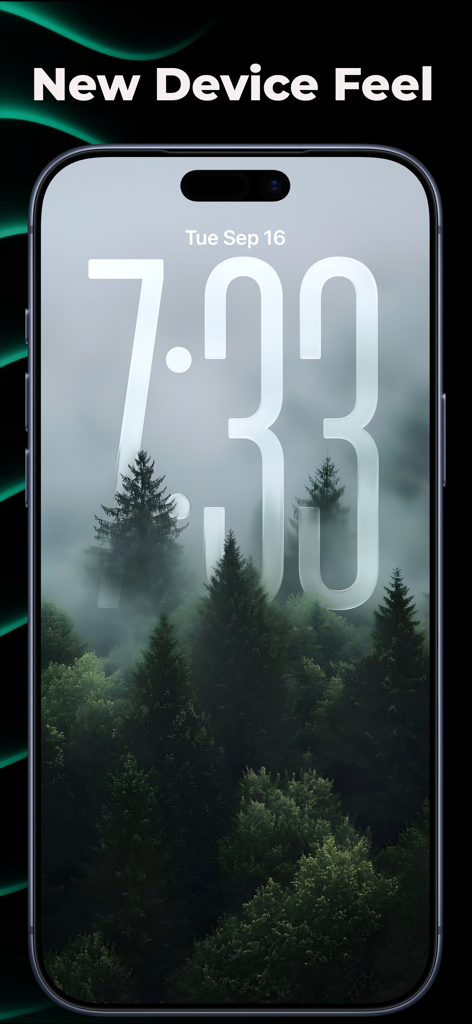An iPhone lock screen featuring a misty forest wallpaper with the depth effect on the clock