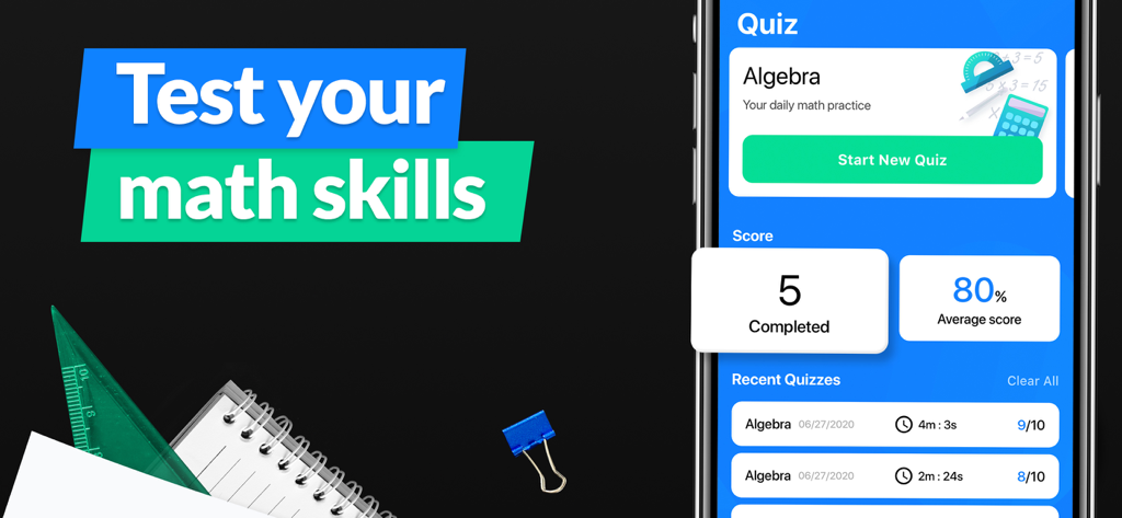 SnapCalc app screen for testing math skills with quizzes and scores