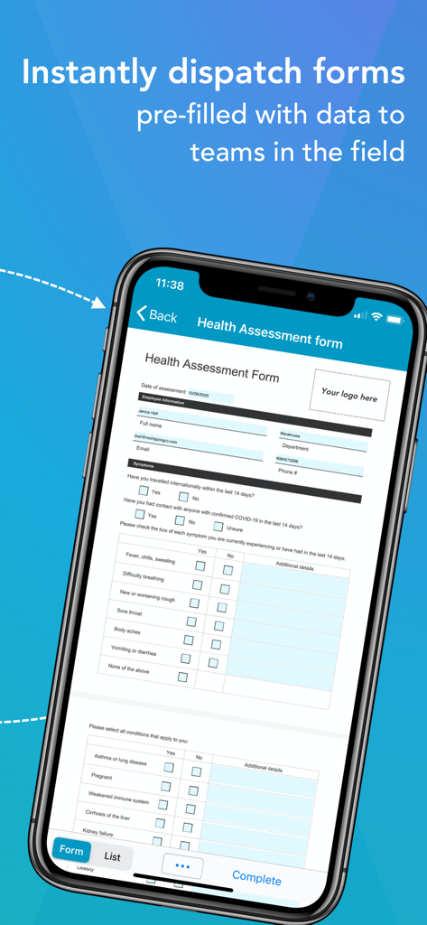 GoFormz Mobile Forms & Reports - A smartphone screen displaying the GoFormz app with a pre-filled digital health assessment form for field workers.