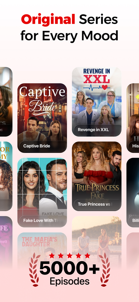 Selection of original short drama series posters on DramaTV app showcasing 5000 plus episodes