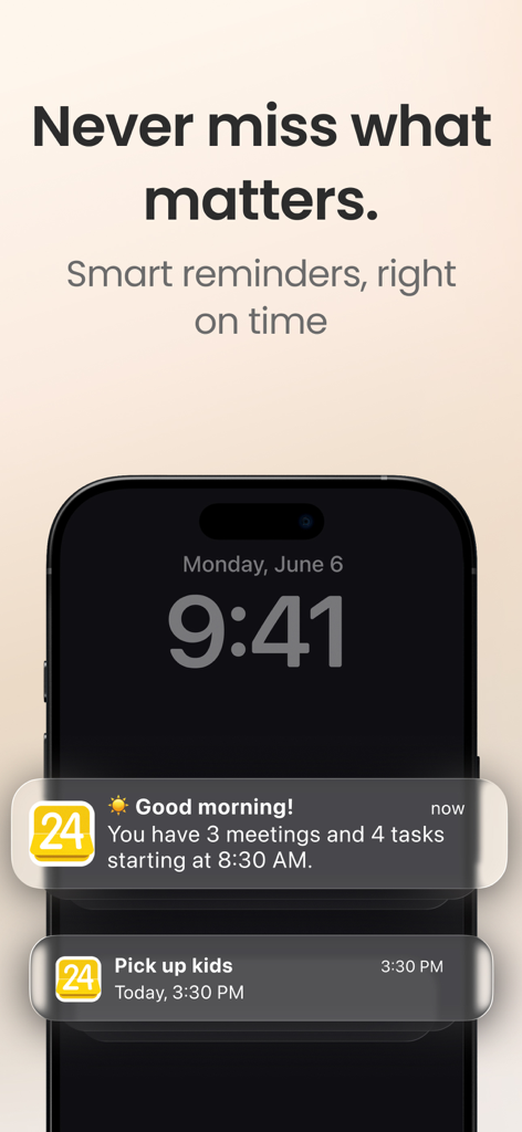 24me: Calendar・Planner & To Do - Recordatorios inteligentes de la aplicación 24me en la pantalla de bloqueo de un smartphone que muestra un resumen de la agenda diaria y un recordatorio de tarea personal