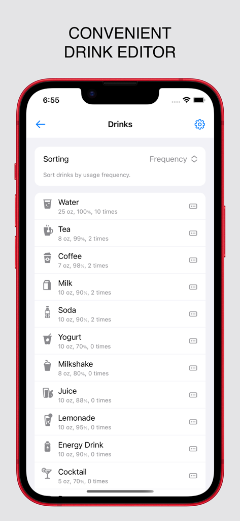 WaterGo: Water Tracker - Interface of the WaterGo drink editor displaying a list of beverages with hydration values and logging frequency