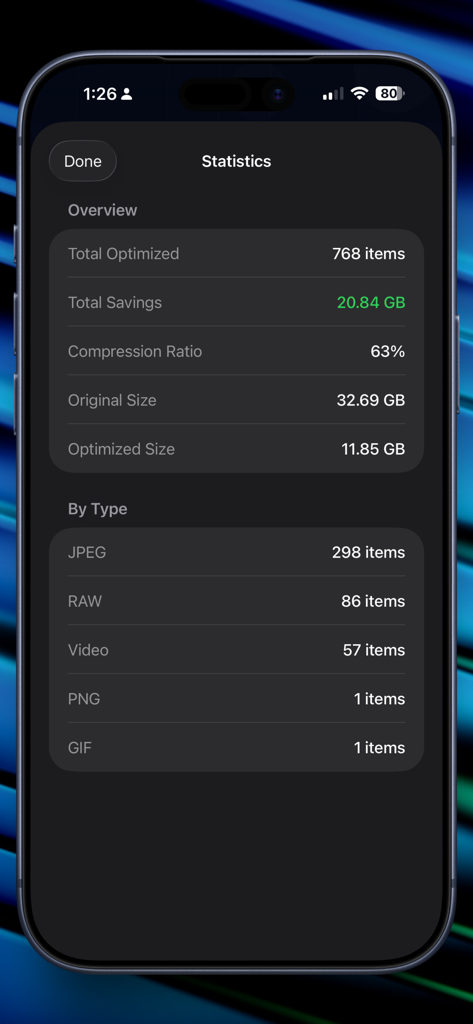 Sami - Media Optimizer - Statistics screen of the Sami app showing 20.84 GB of total storage savings and 768 optimized items.