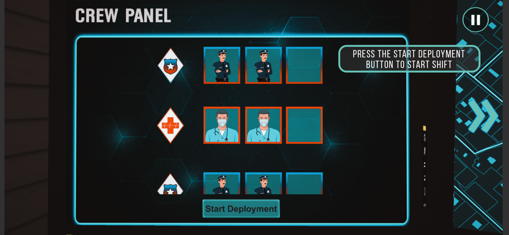 911 Emergency Dispatcher sim - Pantalla de gestión de personal del Simulador de Despachador de Emergencias 911 mostrando personal policial y médico disponible para el despliegue