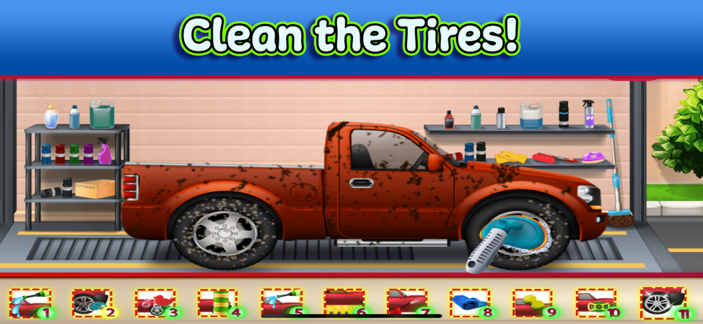 Tiny Car & Truck Wash Games - Scrubbing dirty tires on an orange pickup truck in a car wash game for kids