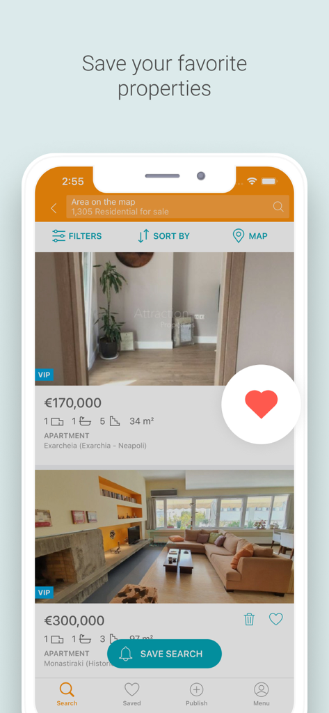 Spitogatos app interface showing property listings in Athens with a large heart icon to save favorites.