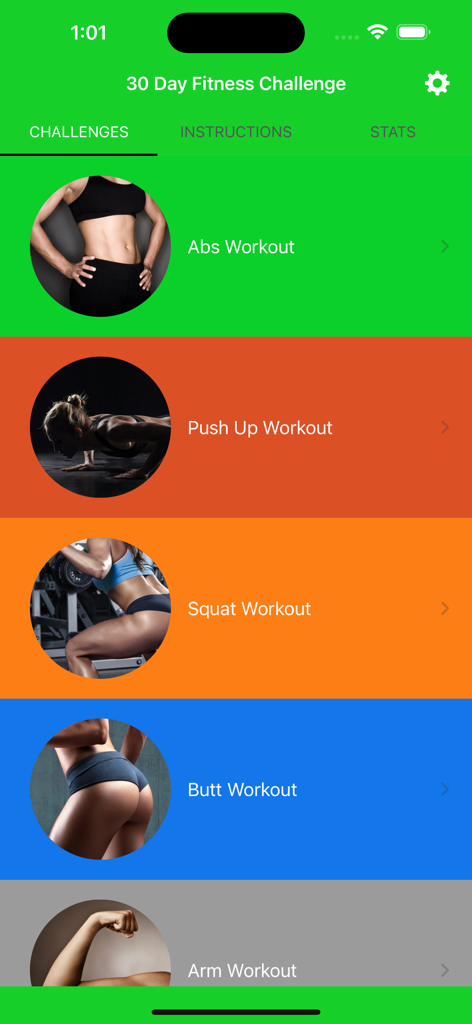 30 Day Fit Challenge Workout - Main menu of the 30 Day Fitness Challenge app showing various workout categories like abs push ups and squats