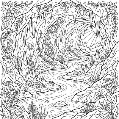 Embark on a unique artistic journey with this captivating underground river coloring page, blossoming with the fresh spirit of spring. Explore intricate cave formations, hidden flora, and flowing waters waiting for your creative touch.
