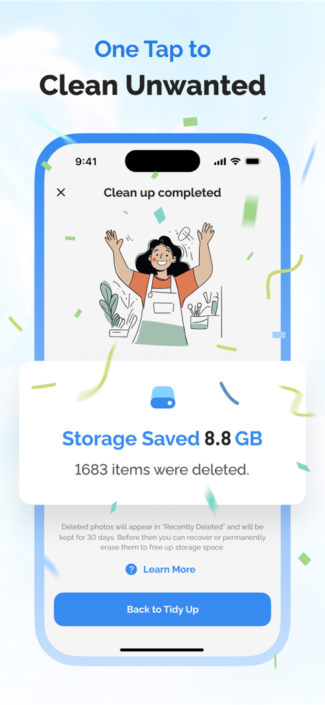A screenshot of Tidy Up app showing a successful storage cleanup report with 8.8 GB saved and a celebratory illustration.
