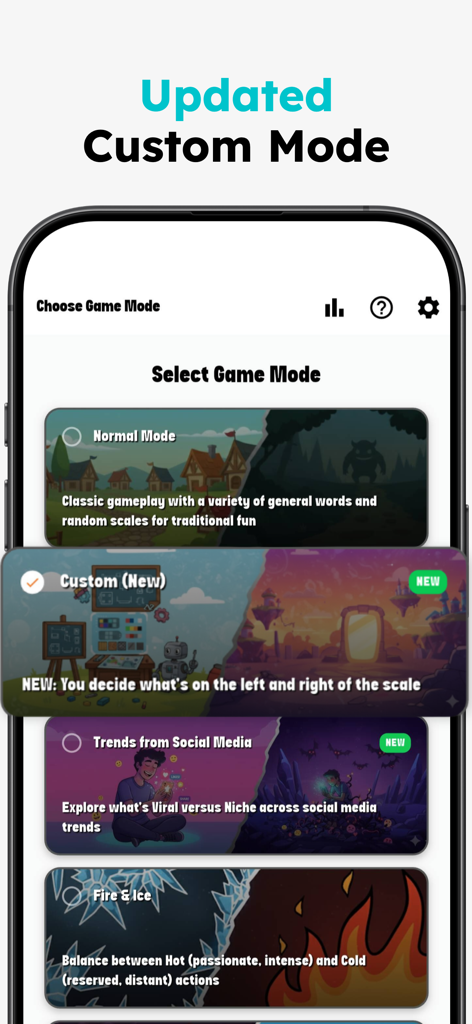 A mobile app screen showing various game modes for Perfect Match Headsynch including a new custom mode option.