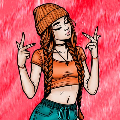 realistic teenage girl with braids and a beanie and crop top doing 🫶🏼
