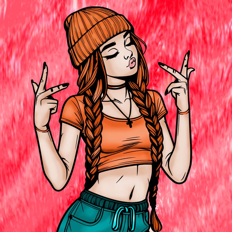 realistic teenage girl with braids and a beanie and crop top doing 🫶🏼