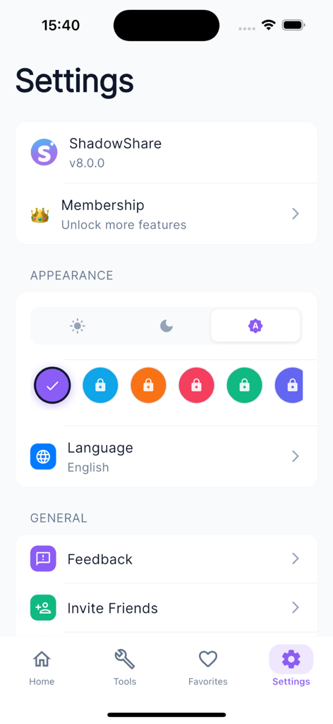 ShadowShare - Einstellungsbildschirm der ShadowShare-App, der Anpassungen des Erscheinungsbilds und allgemeine Optionen anzeigt.