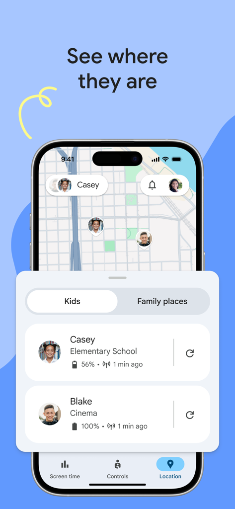 Google Family Link app interface showing real-time GPS location of children on a map with battery status.