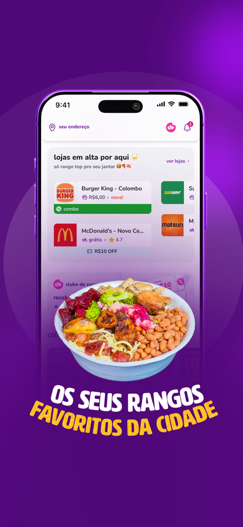 Interface do aplicativo móvel aiqfome mostrando opções de entrega de comida local e uma deliciosa tigela de comida.