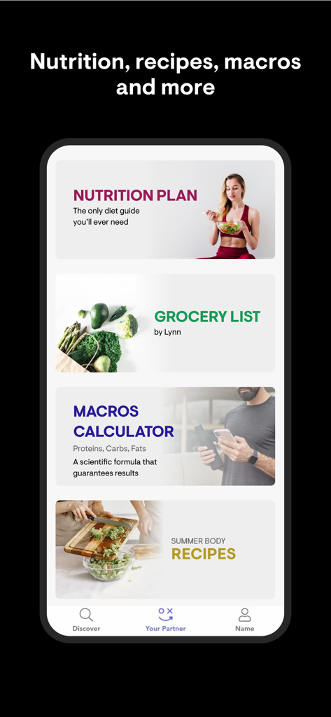 A mobile interface for the Playbook app displaying nutrition plan, grocery list, macros calculator, and recipes sections.