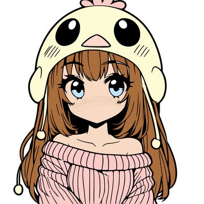 anime girl with chick shaped hat with sweater with bare shoulders with bangs covering them one eye with low tail