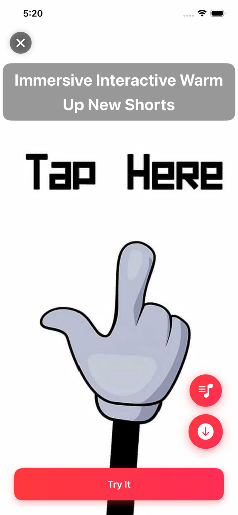 Immersive Interactive Workout - Warm up screen of the Immersive Interactive Workout app featuring a cartoon hand illustration and a Try It button.