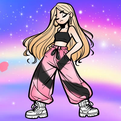 girl in baggy pants crop top and long hair