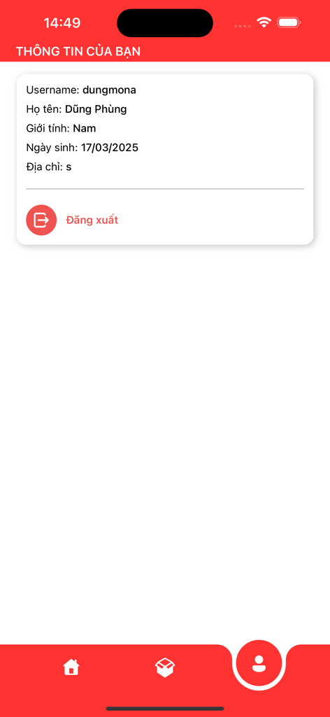 Giang Huy Pro - User profile screen of the Giang Huy Pro app showing personal account information and a logout button