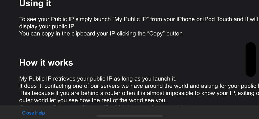 My Public IP - Écran d'aide expliquant comment utiliser l'application Mon IP Publique pour trouver et copier votre adresse IP publique.