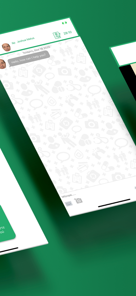 Doctor Online Powered by NN - Chat-Oberfläche der Doctor Online App, die eine Nachricht von Dr. Joshua Matus zeigt, der fragt, wie er helfen kann