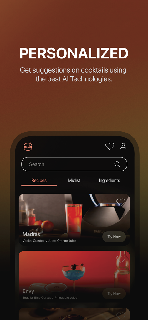 Barsys - Interfaz de la aplicación móvil Barsys que muestra sugerencias de recetas de cócteles personalizadas utilizando tecnología de IA.