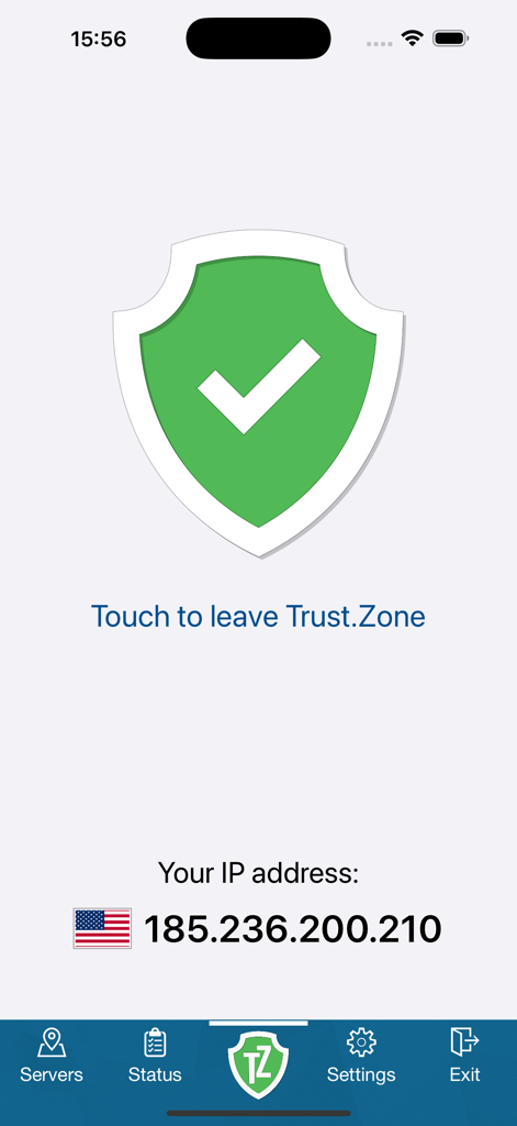 Trust.Zone VPN app interface showing a secure connection with a green shield and US IP address