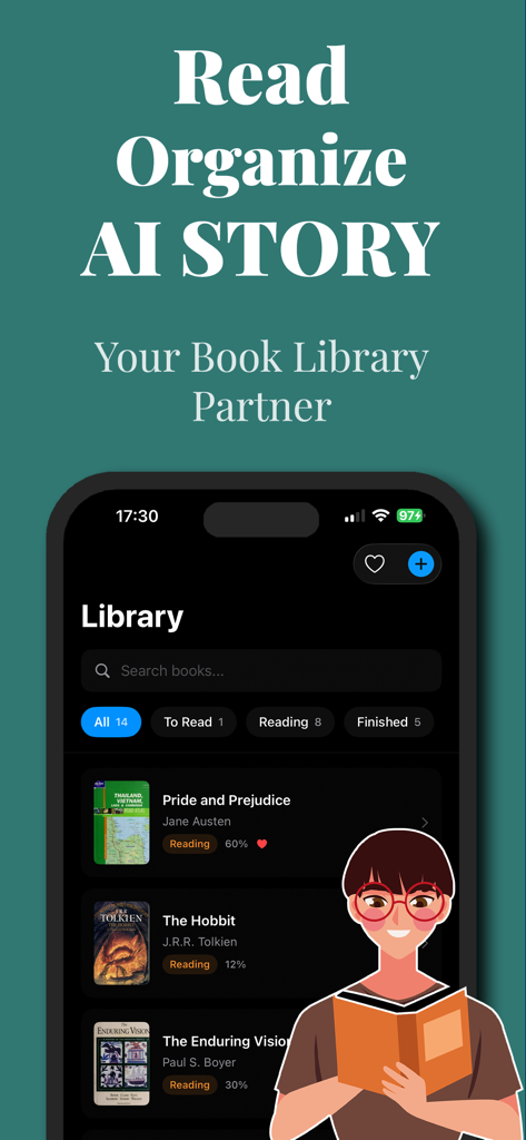 AI Story: Read & Book Tracker - The library screen of AI Story app showing a digital book collection with reading progress and an illustrated character