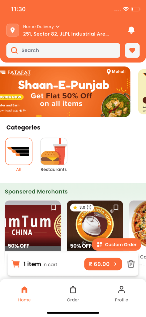 Fatafat - Local Delivery - Fatafat local delivery app home screen displaying food categories and merchant promotions