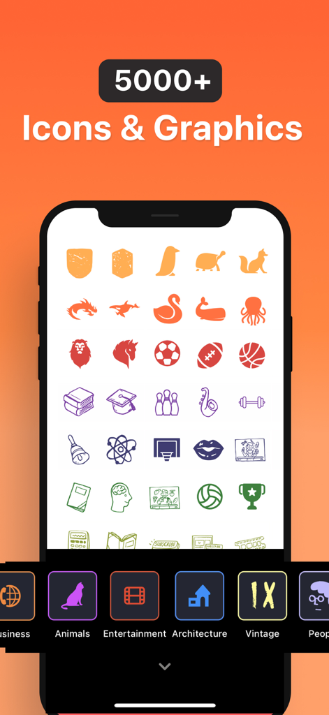Interfaccia dell'app che mostra oltre 5000 icone e grafiche per la creazione di loghi