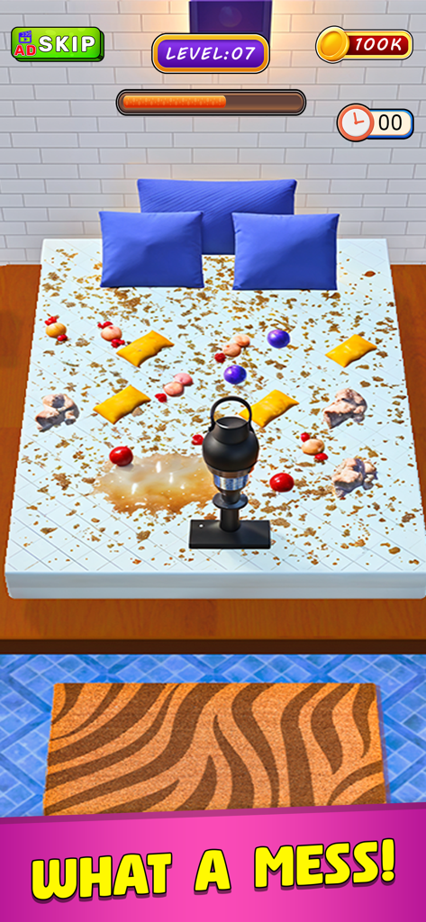 Deep Cleaning ASMR! Clean Up - Screenshot di gameplay di pulizia di un letto disordinato coperto di briciole di cibo e macchie nell'app Deep Cleaning ASMR.