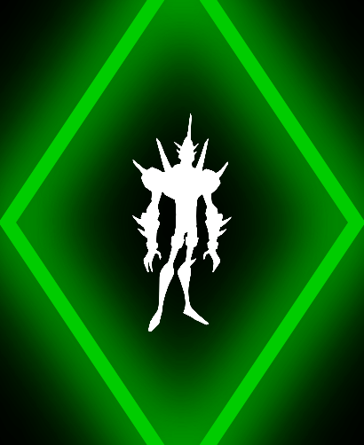 Silhueta branca de herói alienígena dentro de um diamante verde em um fundo escuro