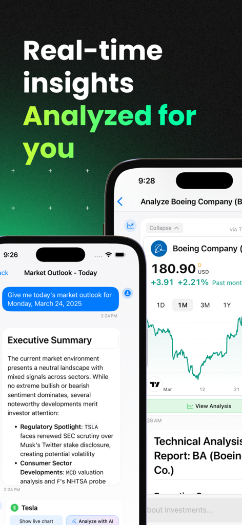 AI Investing: Stocks & Crypto - Mobile app interface showing AI generated market outlook and stock analysis for Boeing