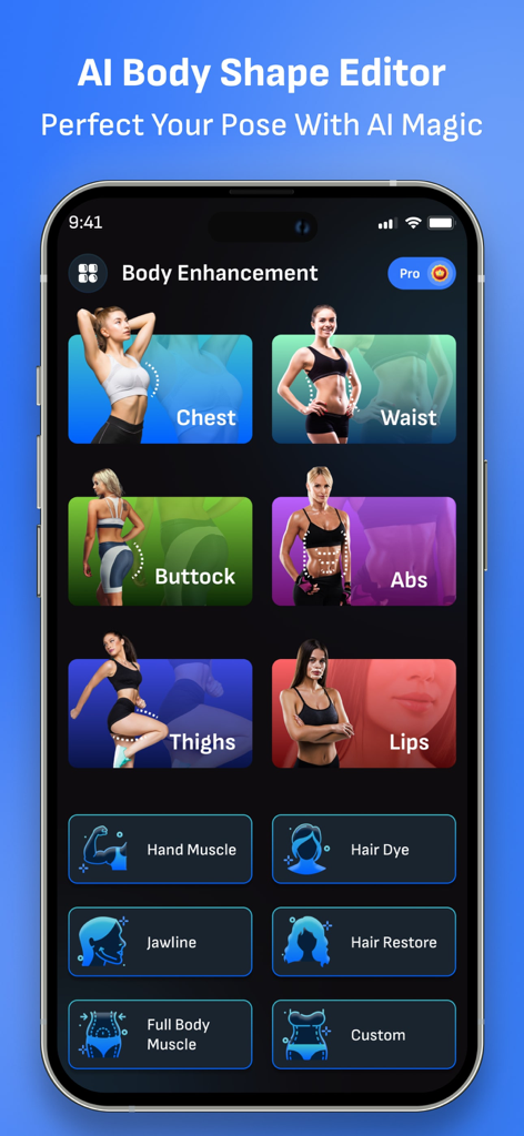 AI Body Shape Video Editor - Interface of the AI Body Shape Video Editor app showing body enhancement categories like chest waist abs and thighs