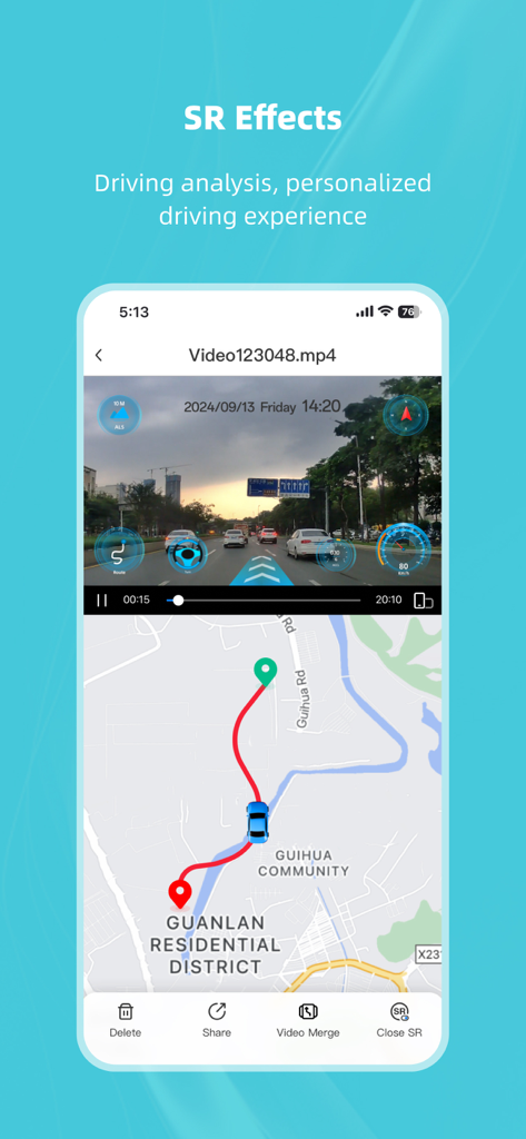 Kacam - Kacam app interface showing dash cam video playback with driving data overlays and a GPS map tracking the route.
