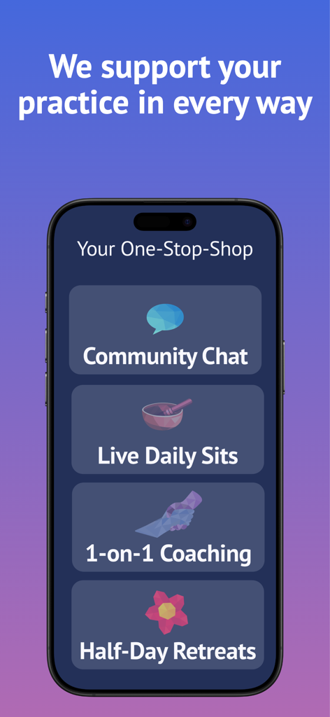 Brightmind Meditation app screen showing premium features like community chat, live daily sits, 1-on-1 coaching, and half-day retreats.