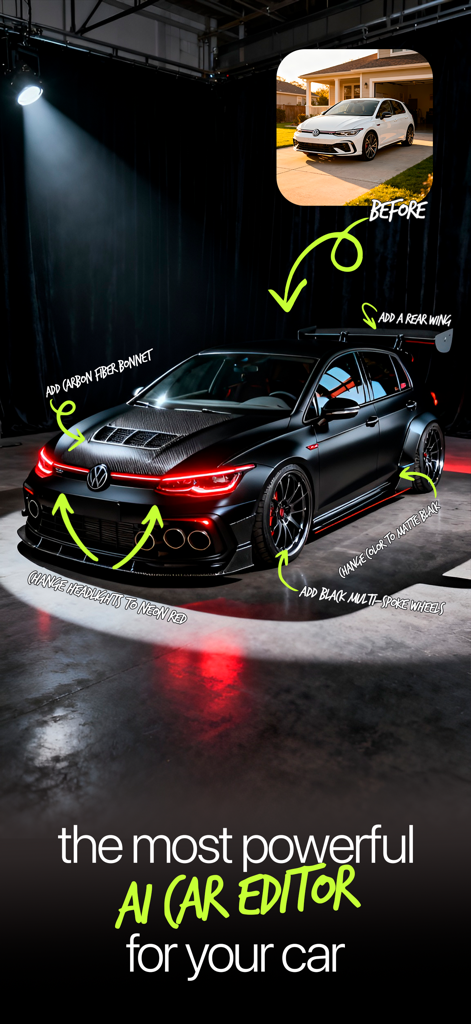 Driftshot - AI Car Designer - Before and after comparison of a white car transformed into a customized matte black sports car with carbon fiber parts and neon lights using AI