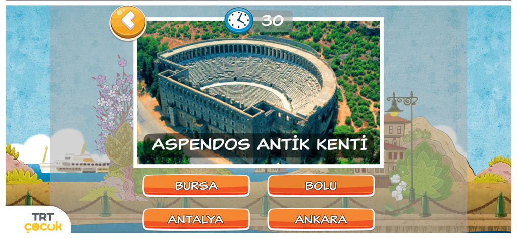 TRT Rüzgar Gülü - A geography quiz screen from the TRT Ruzgar Gulu app asking for the location of the Aspendos Ancient City