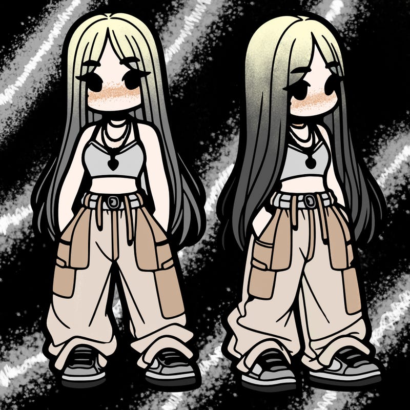 girl in baggy pants crop top and long hair