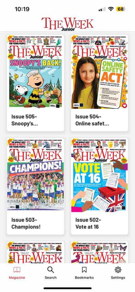 The Week Junior - Digital library of The Week Junior magazine issues on a mobile app interface