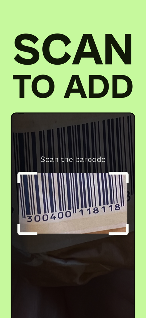 Smartphone screen scanning a product barcode to add items to the pantry inventory.