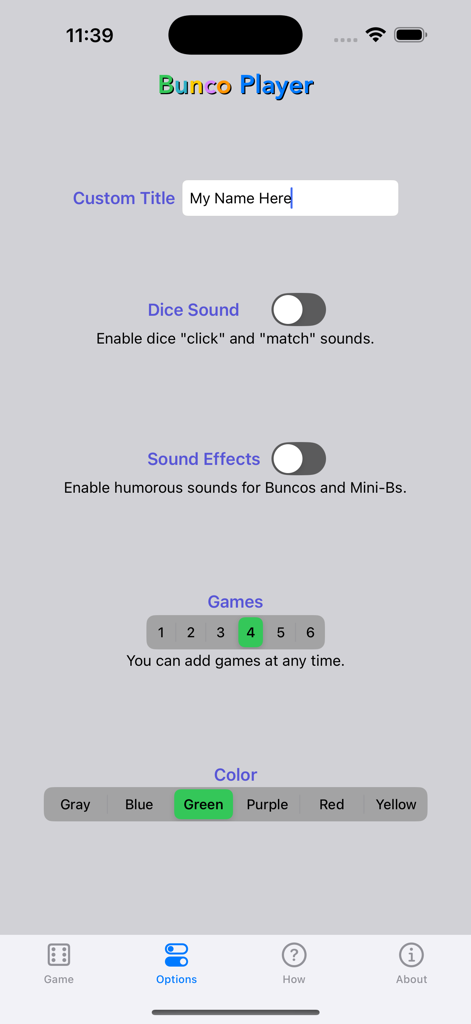Options screen of the Bunco Player app showing settings for custom title, sounds, number of games, and interface color.