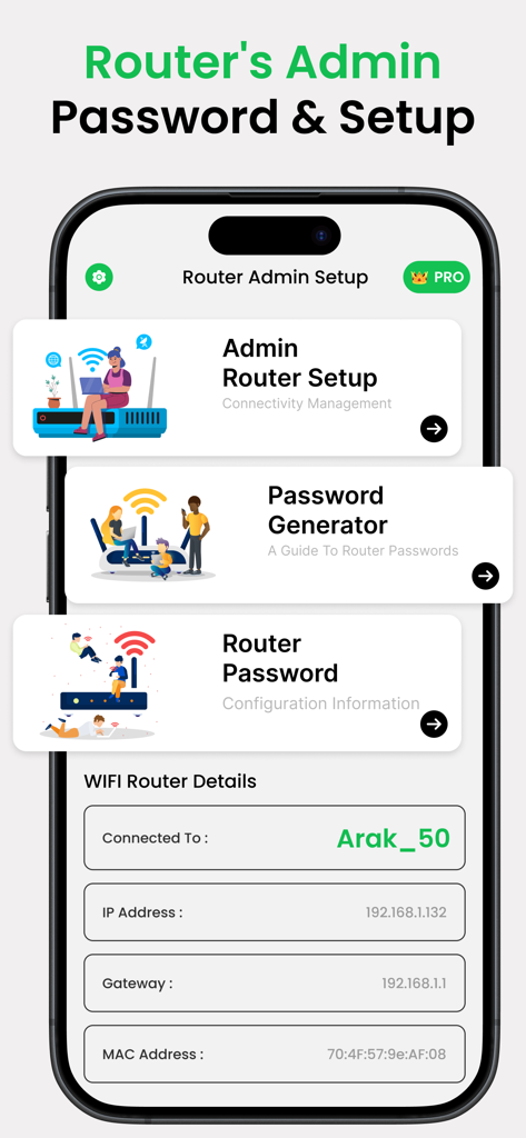 Router Admin Setup Controller. - Mobile app interface for router administration showing WiFi details and setup options