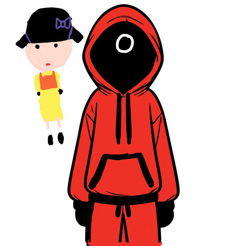 faceless girl in a tracksuit with a hood on and no hair